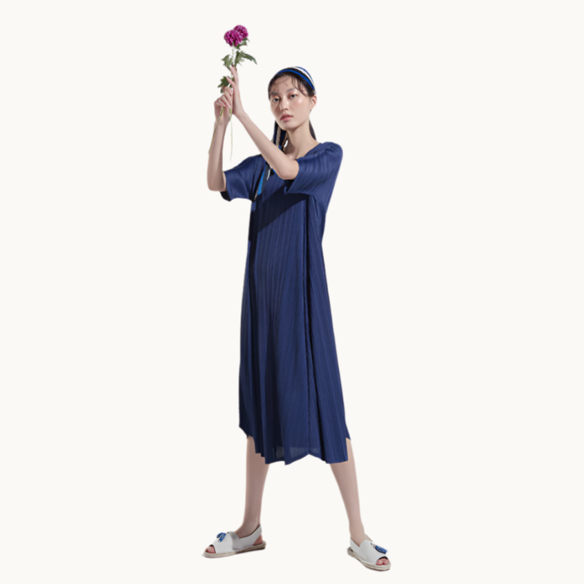 one piece dress navy blue Anewsta Navy Blue Elegant Dress Wedding Guest Women Maxi Summer Party Formal Gowns Stand Collar Split Flared A-Line High Waist Regular Fit K,M