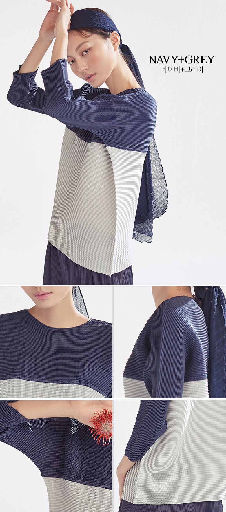 Evercube Pleats Blouse_Navy+Gray Color   (long sleeve)