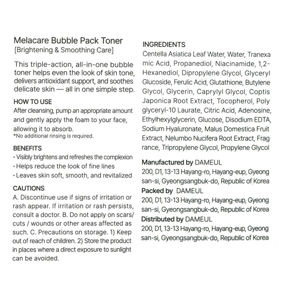 MELKA Melacare Bubble Pack Toner with Niacinamide & Micro-Bubble Formula