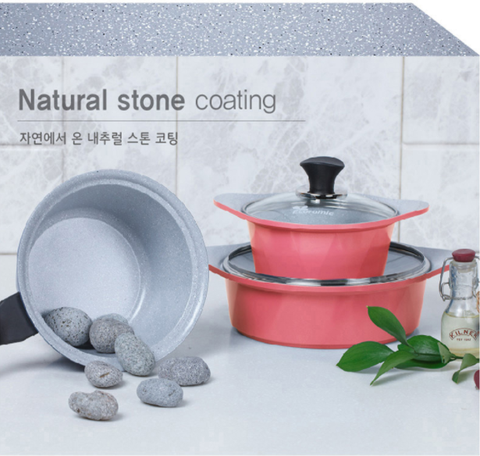 [MARCH SALE] ECORAMIC STONE POT 8-PIECES SET ( 4  pots + 4 glass lids )_BLUE COLORONLY