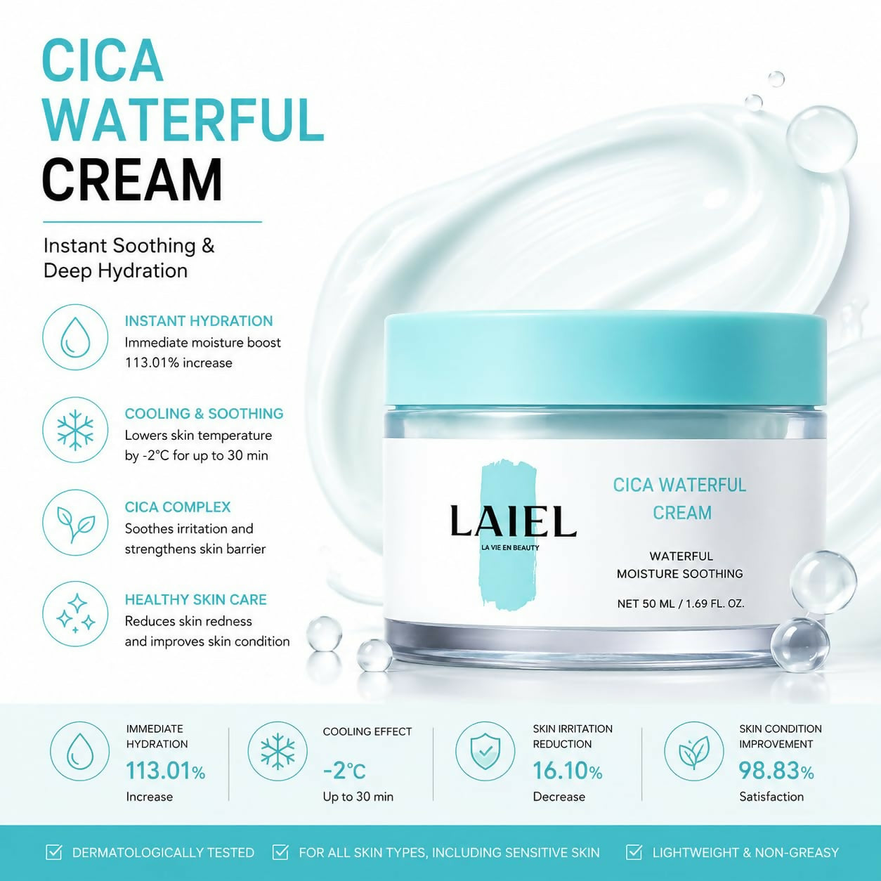 [LAIEL] Cica Waterful Cream, Hydrating Korean Moisturizer (50ml)