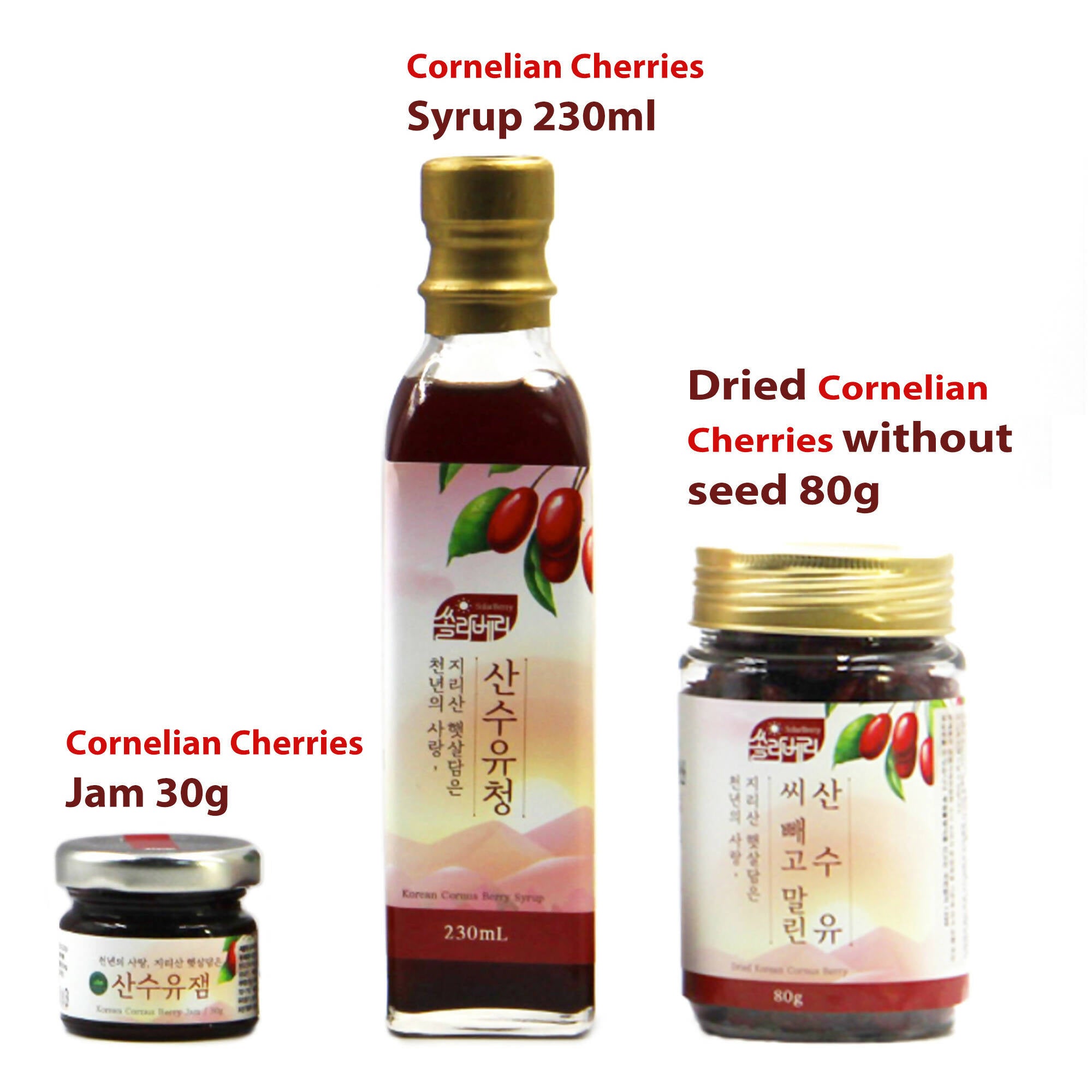 Solar Berry Korean Cornus Fruit Cornelian Chrries Gift Set - 지리산 산수유 선물세트 (산수유청 + 산수유잼 + 말린 산수유)